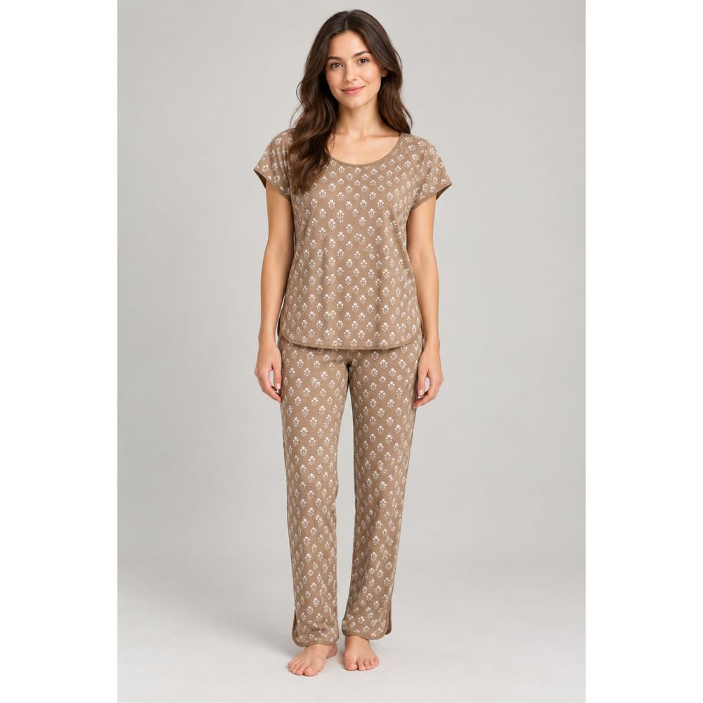 LAKE Pajamas Brown Floral Pima Cotton Top Pants Set Size XS